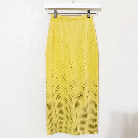 NWT Sandro Rhinestone Embellished Midi Knit Stretchy Back Slit Skirt in Yellow - Picture 6 of 12